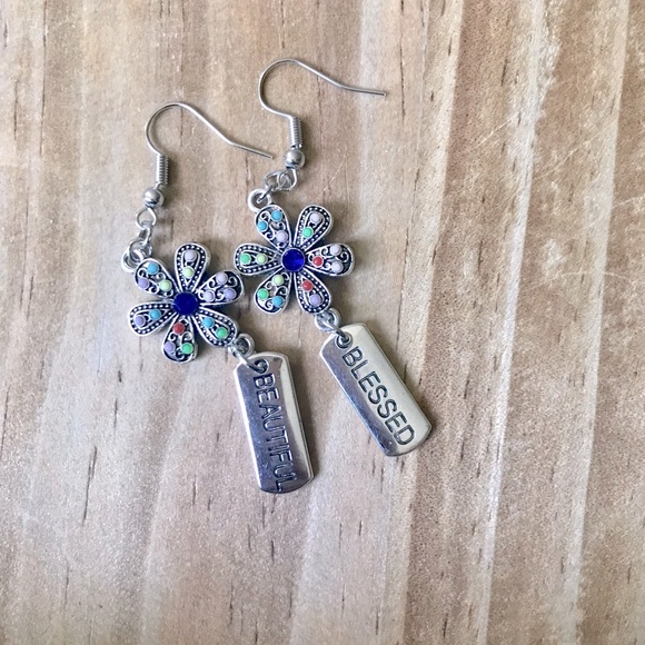 *New Handmade* Flower Jewel Earrings with “Blessed” and “Beautiful” Lettering - Picture 1 of 4